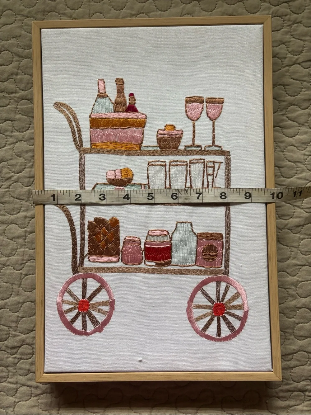 Embroidered Beverage Cart Wall Art - Pink and Brown